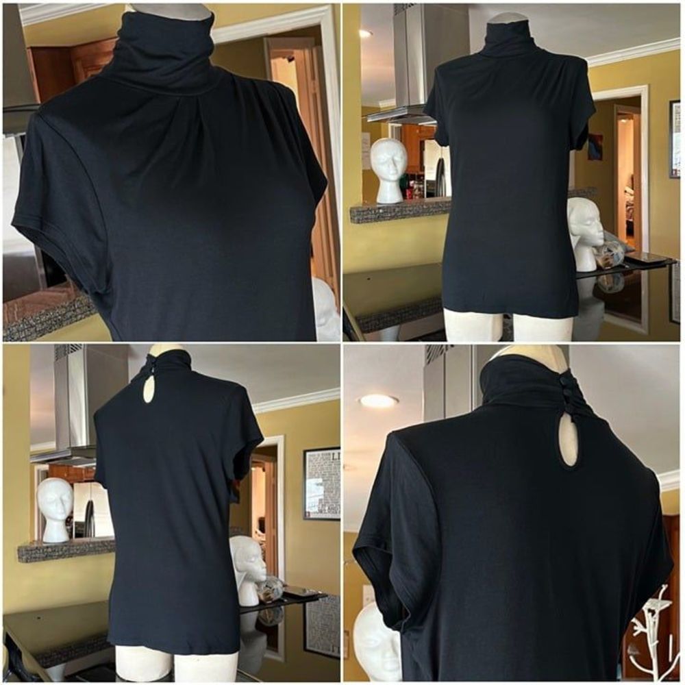 The Limited Black Knit Drape Chest Cap Sleeve Buttoned Neck Mockneck Blouse
